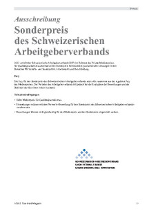 Ausschreibung Sonderpreis des Schweizerischen Arbeitgeberverbands